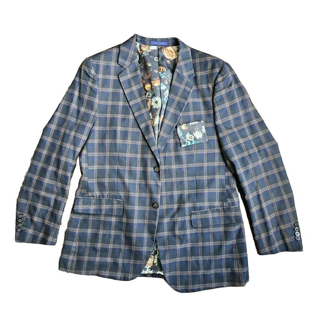 Alan Flusser Blue Plaid Blazer Men's Large Floral Lining W/ Pocket Square